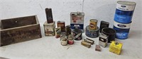 Oil cans, advertising, crate