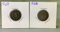 (2) 1868 shield nickels