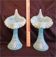 (2) Fenton Blue Opal Fine Dot Optic JIP Vases