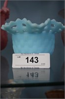 FENTON VINTAGE BLUE SATIN BASKET WEAVE ROSE BOWL