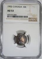 1902 SILVER 10 CENTS CANADA  NGC AU 53