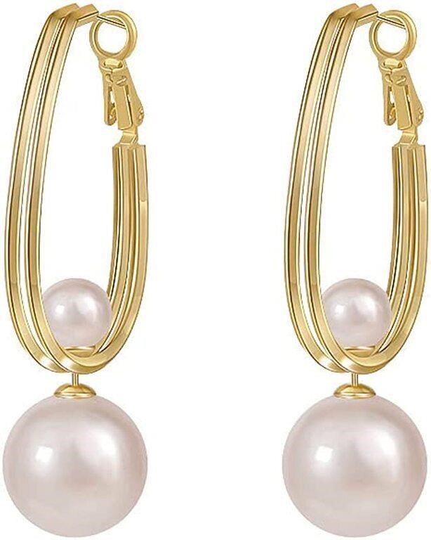 Elegant Gold Plated 8mm Pearl Hoop Earrings