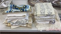 2 stacks of antique linnens and silk and other