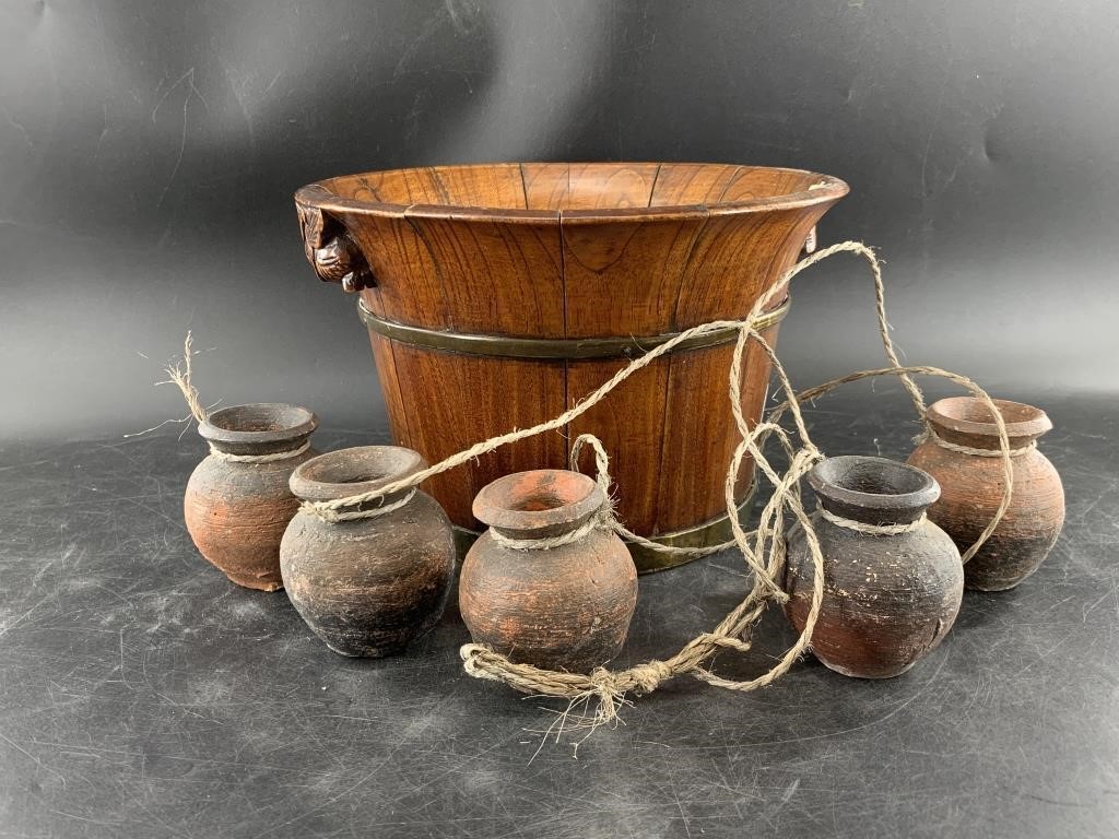 Antique bucket likely for rice from China, due to