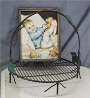 IRON RACK / STAND & OLD FRAMED PRINT OF A BABY