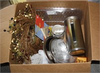 BOX LOT W/ NEW STOVE INSERTS, WREATH, GLASSWARE +