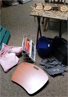 Lap desk, old albums, brief case, folding stand,