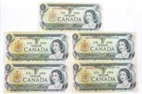 Lot 5 Bank of Canada 1973 $1 Notes - Mtach Signatu