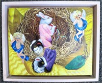 SUE CASTLEMAN "RABBITS IN NEST" ACRYLIC, 1988