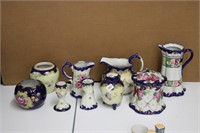 LOT OF ANTIQUE HAND PAINTED PITCHERS, SALT AND