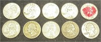 10 Qty pre 64' Washington Quarters Silver 90% coin