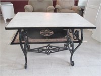 VINTAGE MARBLE TOP TABLE WITH WROUGHT IRON LEGS
