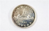 1951 Canadian One Dollar Silver Coin