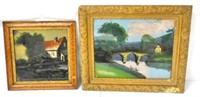 Pair of Reverse Paintings Farmhouse/ Bridge