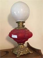 Red Satin Glass Hurricane Lamp with Replacement Sh