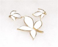 Jonette White Enamel Leaf Brooch & Clip Earrings