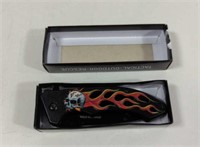 New in Box Stainless Steel Skull with Flames