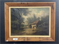 Antique Oil on Canvas Cottage Painting.