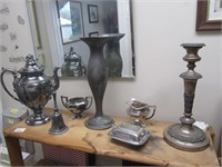 Shelf Lot-Silverplate Teapot,Vase,Candlesticks,
