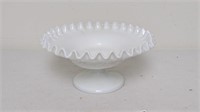 MILK GLASS RUFFLED CANDY BOWL - HAS BEEN REPAIRED