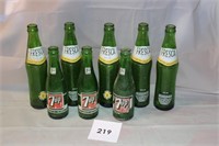 5 FRESCA BOTTLES & 3 7-UP BOTTLES