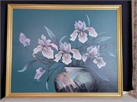 Framed Floral Oil on Canvas 44" x 53."signed E. Lu