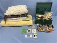 Sewing Box and Notions; Blankets and Shaw