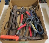 Box of Wire Pliers, Snips, PVC Cutter & Misc