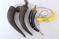 3 Vtg. Powder Horn & Wooden Wagon Horns