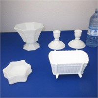 Milk Glass: Cradle, Candle Holders & Dishes