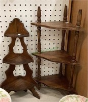 Two vintage wooden corner shelves. The tallest