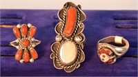 Three Indian Silver Coral Rings Signed