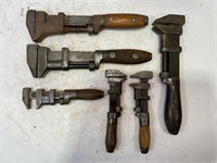 LOT OF 6 VINTAGE WOOD HANDLED PIPE WRENCHES
