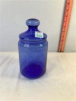 Etched Blue Glass Lidded Jar