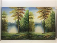 2 Matched Signed Landscape Paintings on Canvas