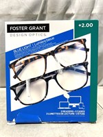 Foster Grant Blue Light Reader Glasses +2.00 2