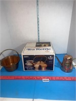 NIB Copper Tea Kettle. Oil can and copper basket