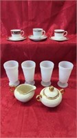 4 MILK GLASS CUPS 2 BONE CUP AND SAUCER SETS AND