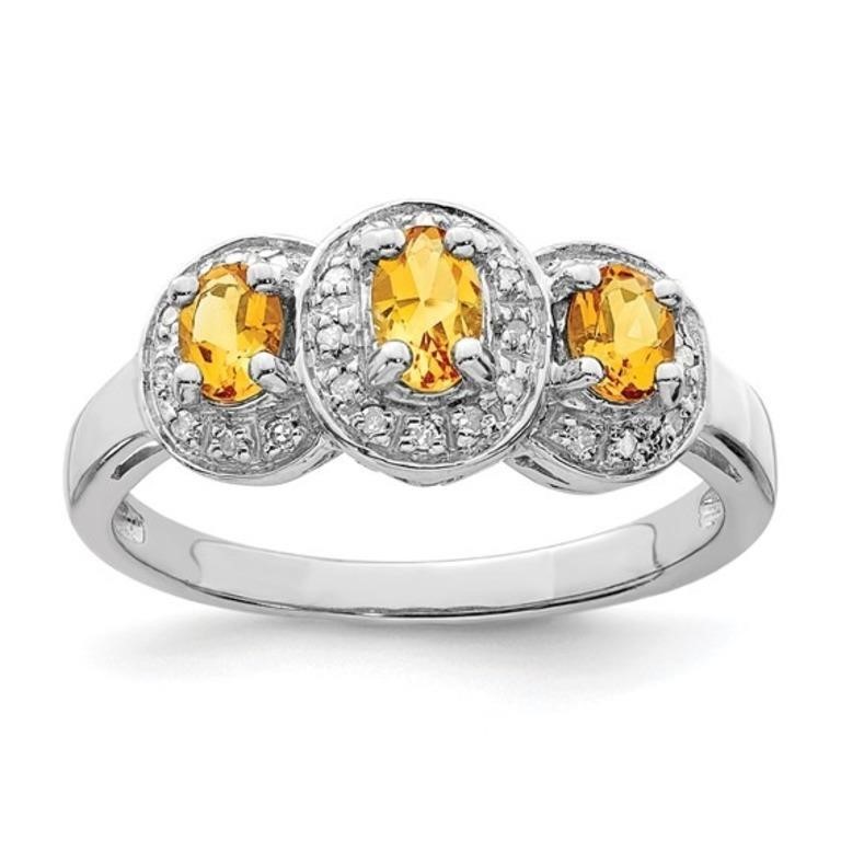 Sterling Silver Rhodium Citrine and Diamond Ring