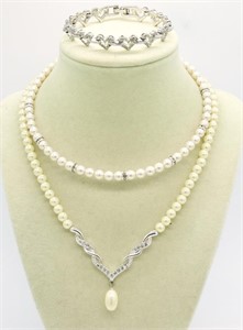 2 Faux Pearl Necklaces & a Bracelet