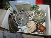 TRAY LOT -- MISC -- FAN, CANDLE FOREIGN MONEY ETC