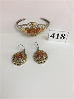 SILVER 925 CUFF BRACELET AND EARRING SET WITH