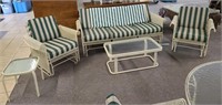 Metal gliding love seat, 2 chairs, 2 tables