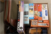 BOX OF PUZZLES, BRIEFCASE, BLENDER & RECORDERS ETC