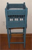Vtg blue painted wicker outdoor planter stand