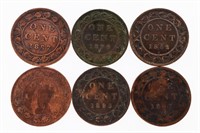 Group of 6 Canada Large One Cent Coins - 1800's