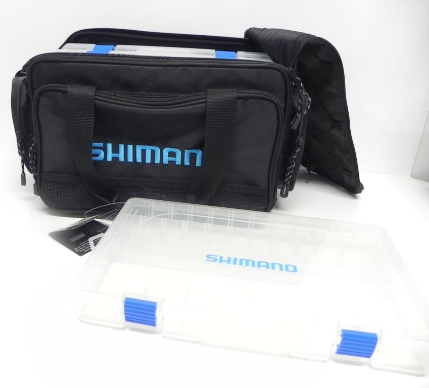 SHIMANO TACKLE BAG & 4 PLASTIC TACKLE BOXES