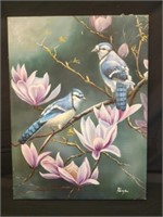 Mixed media painting of birds on canvas signed