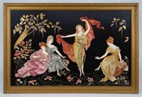 Embroidered Scene of 4 Women, In a Gilded Frame.