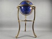 34" Blue Inlaid Gemstone & Brass Standing Globe